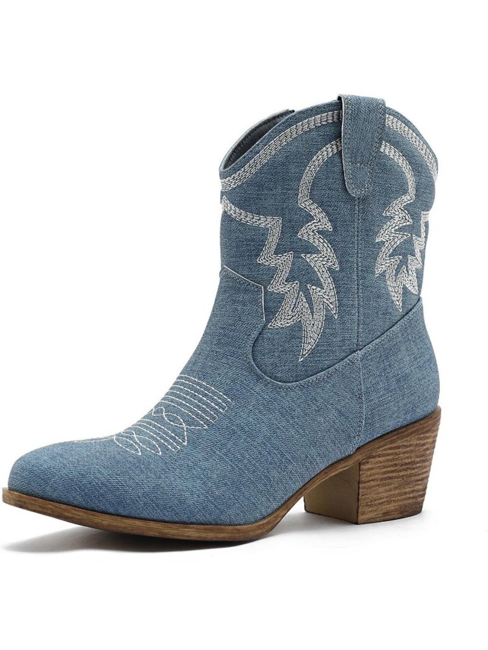 Women's Denim Blue Pointed Toe Cowgirl Faux Leather Side Zipper Ankle Booties